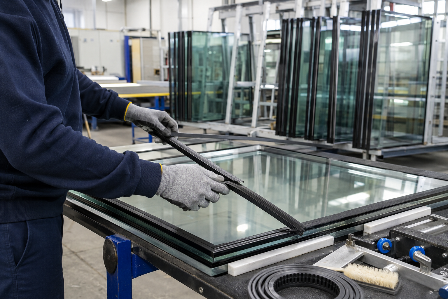 Double-glazed unit being assembled in a glass workshop