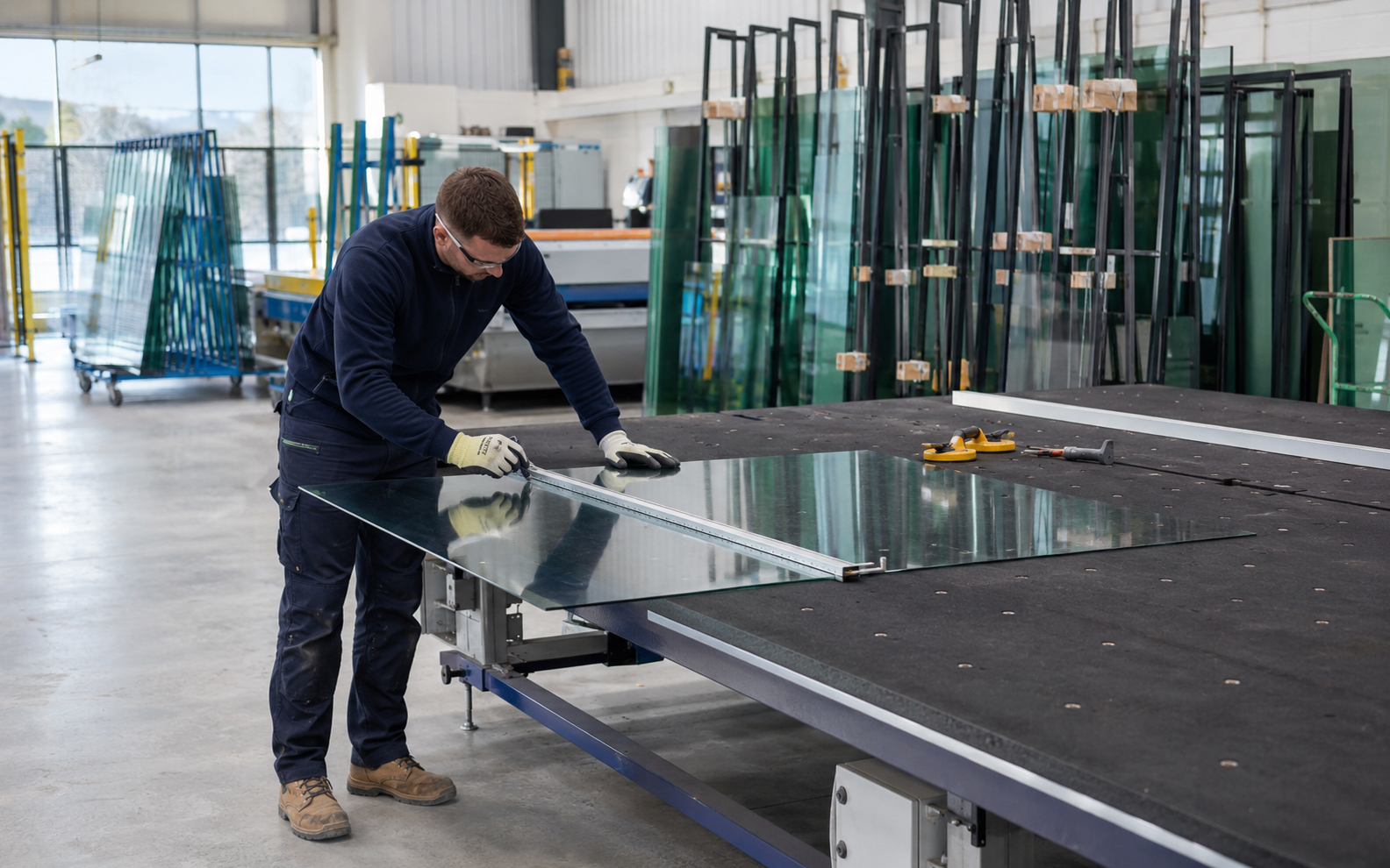 Glass being measured and cut in a professional workshop